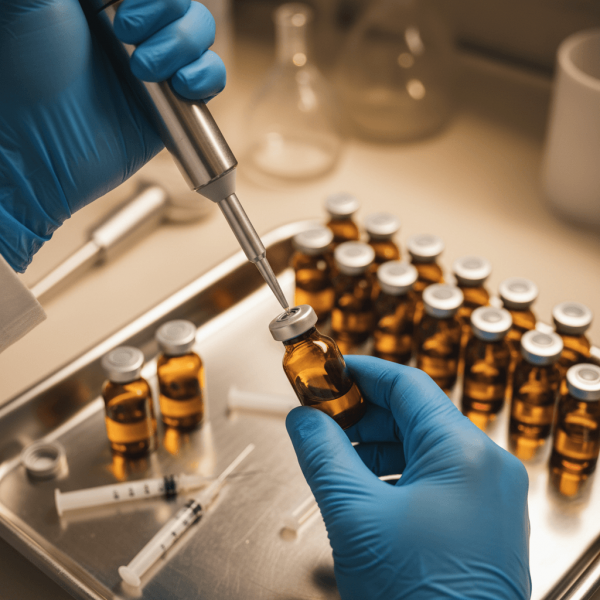 Préparation d'échantillons CBD en fioles de verre pour analyse chromatographique LC-MS/MS en laboratoire accrédité
